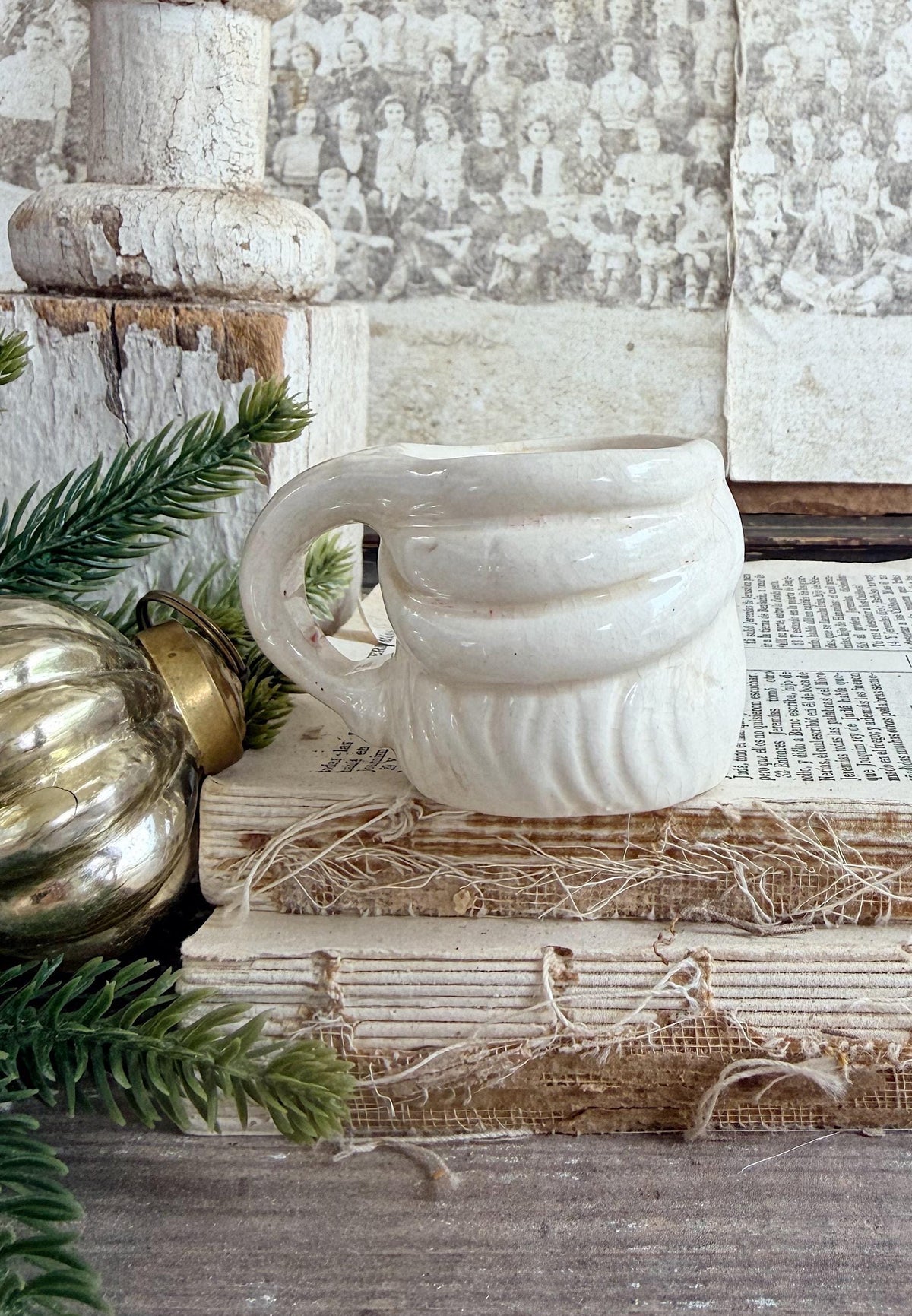 Vintage Ironstone Santa Claus Cup Mini Mug Santa Crazed Stained WHITE Farmhouse Christmas Decor JAPAN