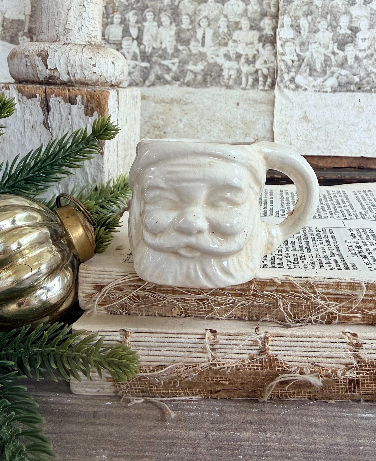 Vintage Ironstone Santa Claus Cup Mini Mug Santa Crazed Stained WHITE Farmhouse Christmas Decor JAPAN