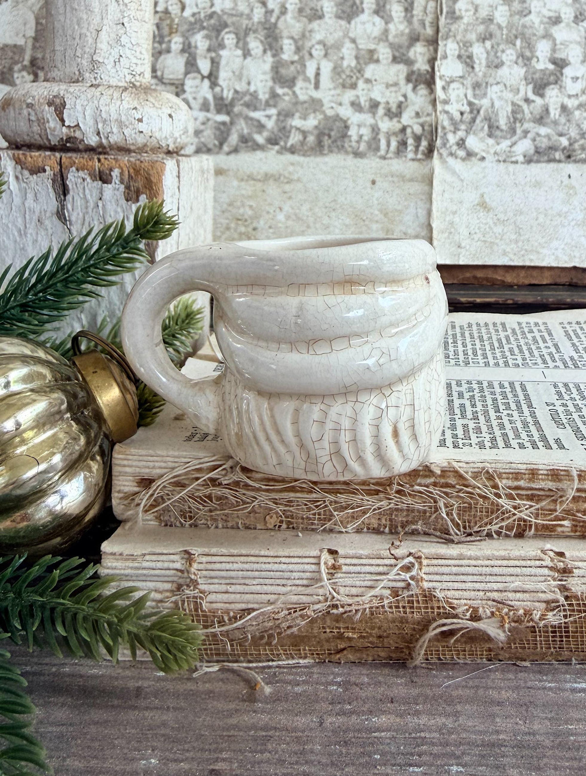 Vintage Ironstone Santa Claus Cup Mini Mug Santa Crazed Stained WHITE Farmhouse Christmas Decor JAPAN