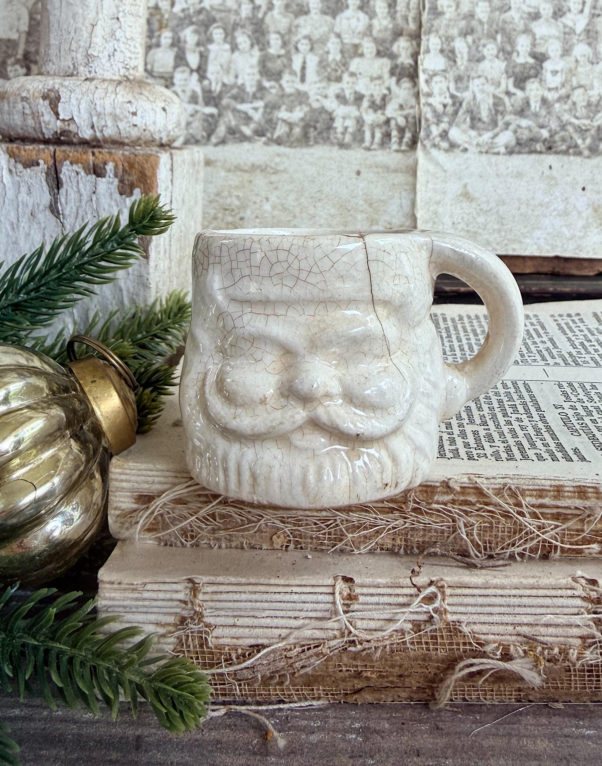 Vintage Ironstone Santa Claus Cup Mini Mug Santa Crazed Stained WHITE Farmhouse Christmas Decor JAPAN