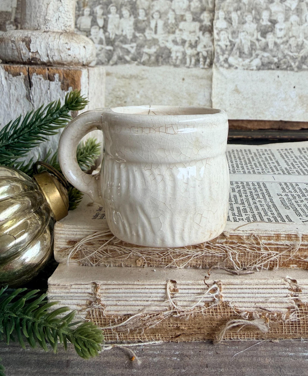 Vintage Ironstone Santa Claus Cup Mini Mug Santa Crazed Stained WHITE Farmhouse Christmas Decor JAPAN