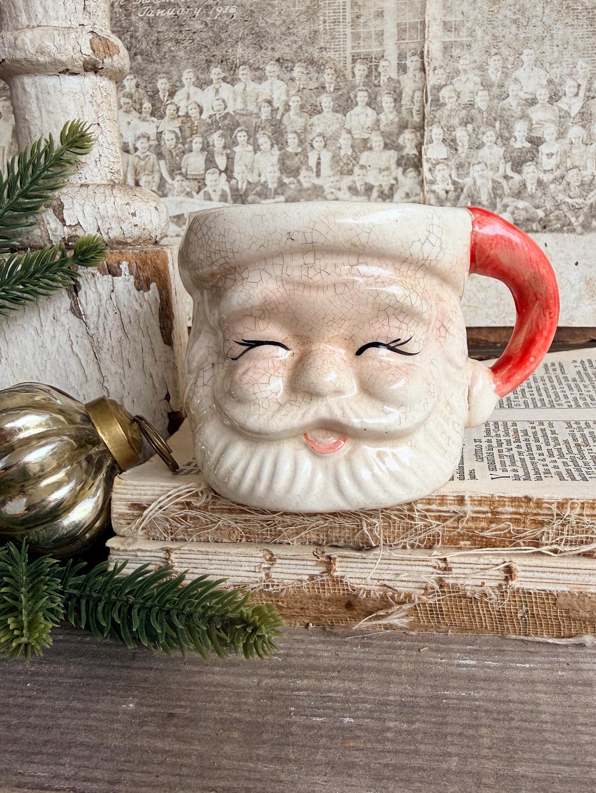 Vintage Ironstone Santa Claus Cup Mug FULL SIZE Creamy White Red Painted Farmhouse Christmas Decor RARE Japan Grungy Heavily Crazed