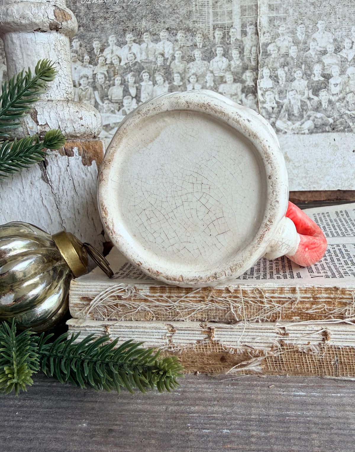 Vintage Ironstone Santa Claus Cup Mug FULL SIZE Creamy White Red Painted Farmhouse Christmas Decor RARE Japan Grungy Heavily Crazed