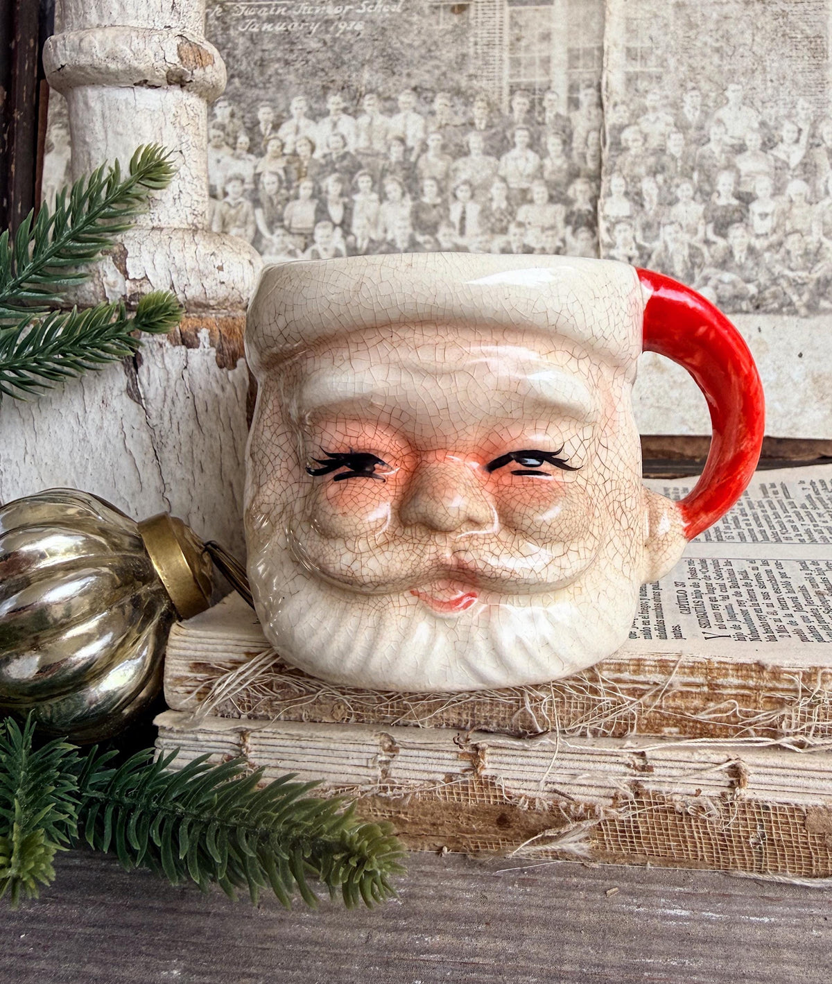 Vintage Ironstone Santa Claus Cup Mug FULL SIZE Creamy White Red Painted Farmhouse Christmas Decor RARE Japan Grungy Heavily Crazed