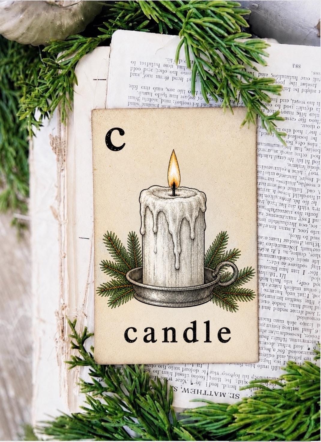 CANDLE Flash Card Vintage Winter Christmas Farmhouse Decor Party