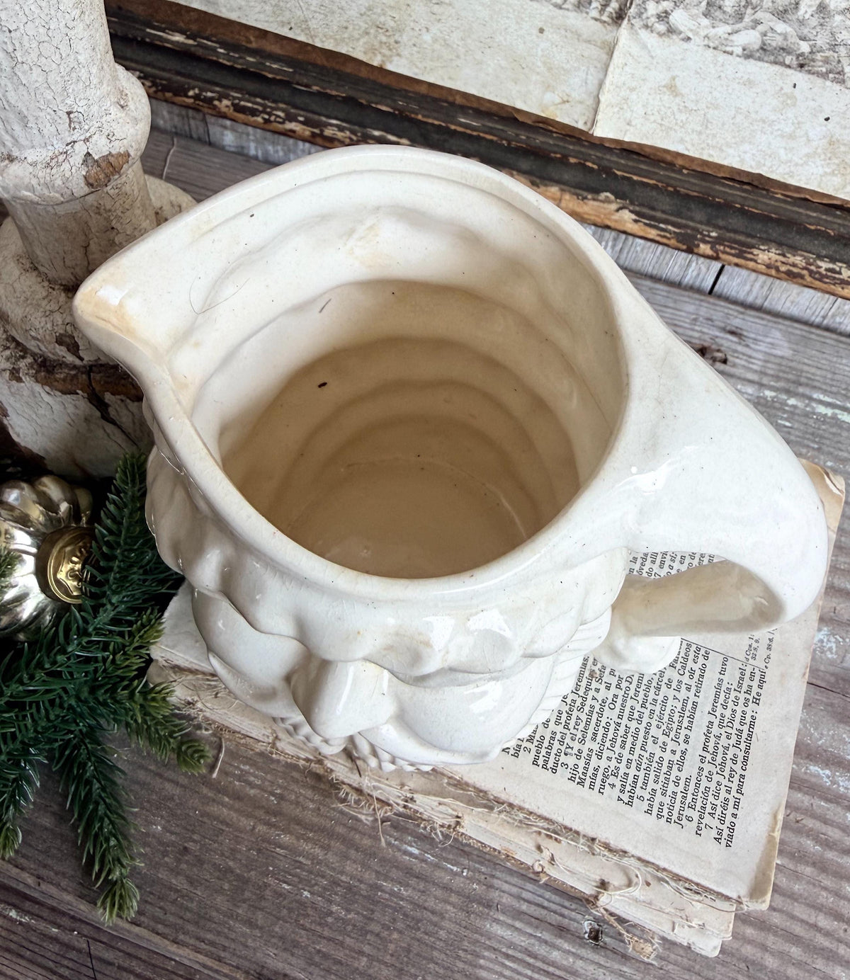 Vintage Ironstone Santa Claus Pitcher LARGE Creamy White Farmhouse Christmas Decor Rare Paintless Grungy Stained Crazed INARCO JAPAN 1959