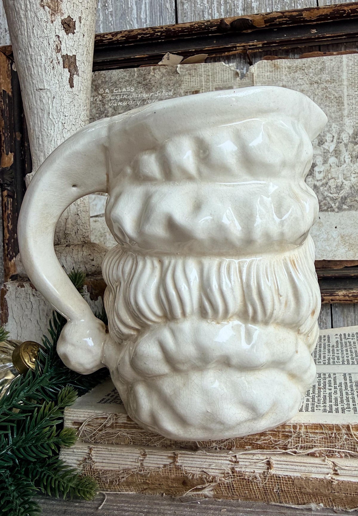 Vintage Ironstone Santa Claus Pitcher LARGE Creamy White Farmhouse Christmas Decor Rare Paintless Grungy Stained Crazed INARCO JAPAN 1959