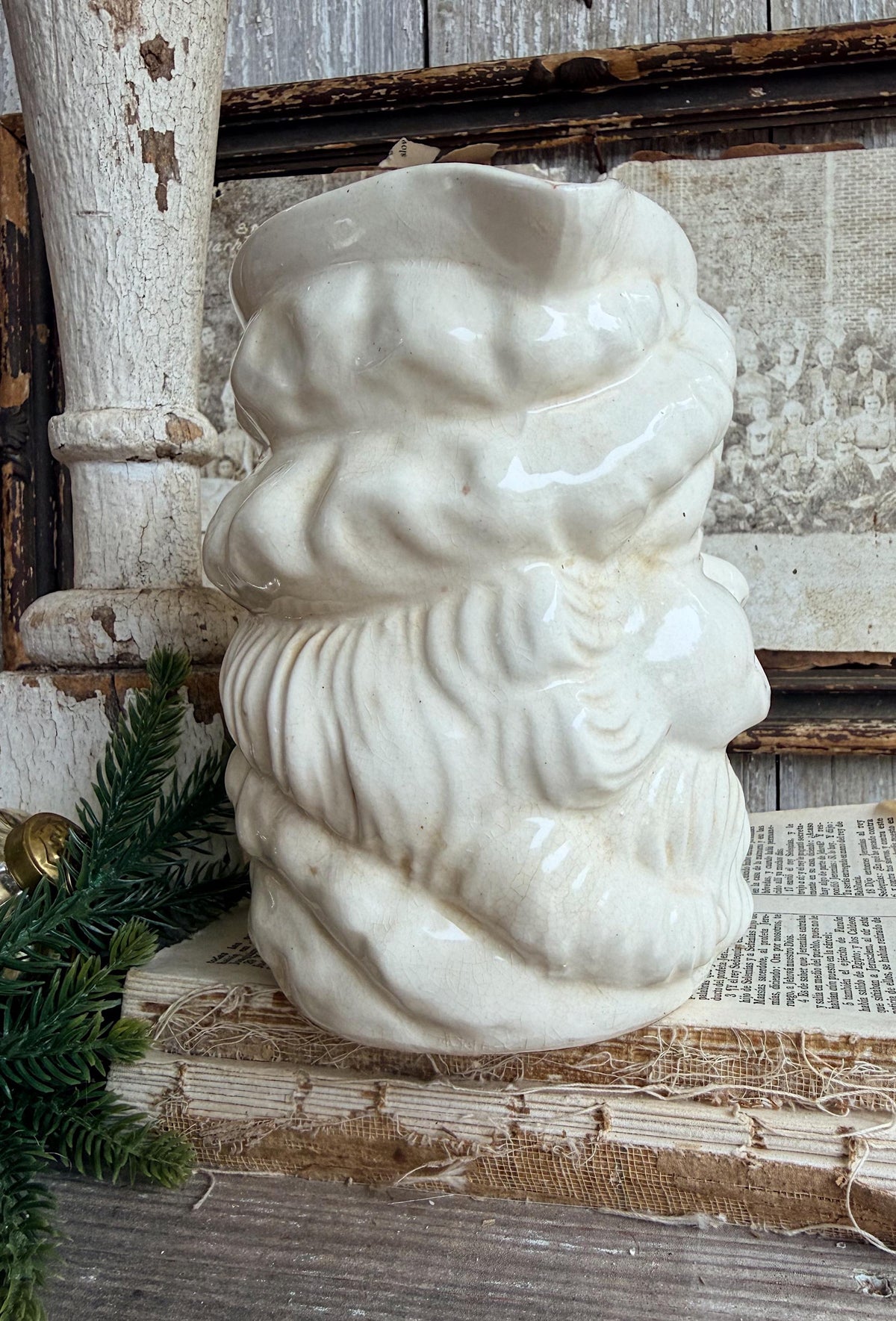 Vintage Ironstone Santa Claus Pitcher LARGE Creamy White Farmhouse Christmas Decor Rare Paintless Grungy Stained Crazed INARCO JAPAN 1959