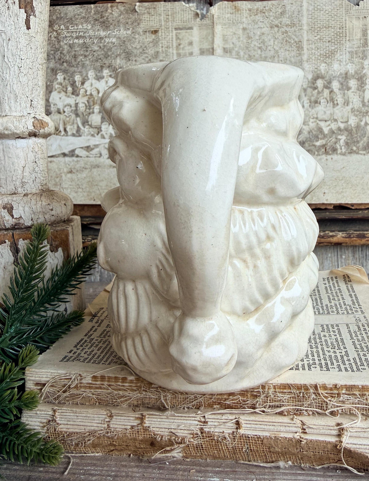 Vintage Ironstone Santa Claus Pitcher LARGE Creamy White Farmhouse Christmas Decor Rare Paintless Grungy Stained Crazed INARCO JAPAN 1959