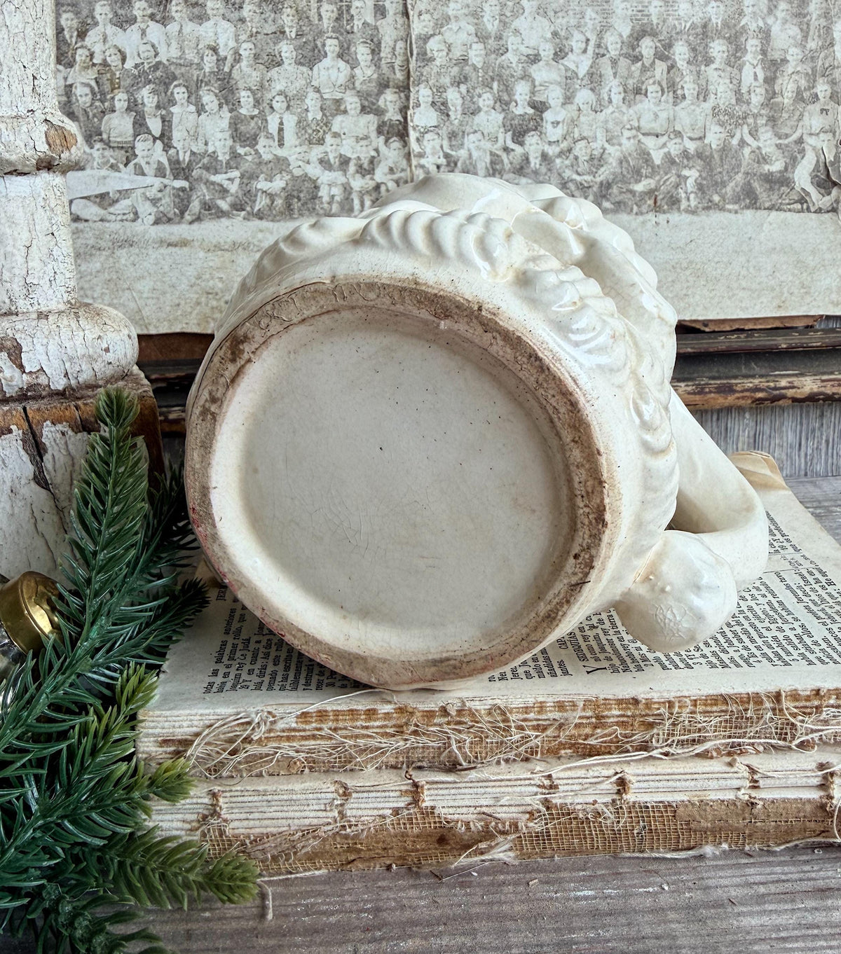 Vintage Ironstone Santa Claus Pitcher LARGE Creamy White Farmhouse Christmas Decor Rare Paintless Grungy Stained Crazed INARCO JAPAN 1959
