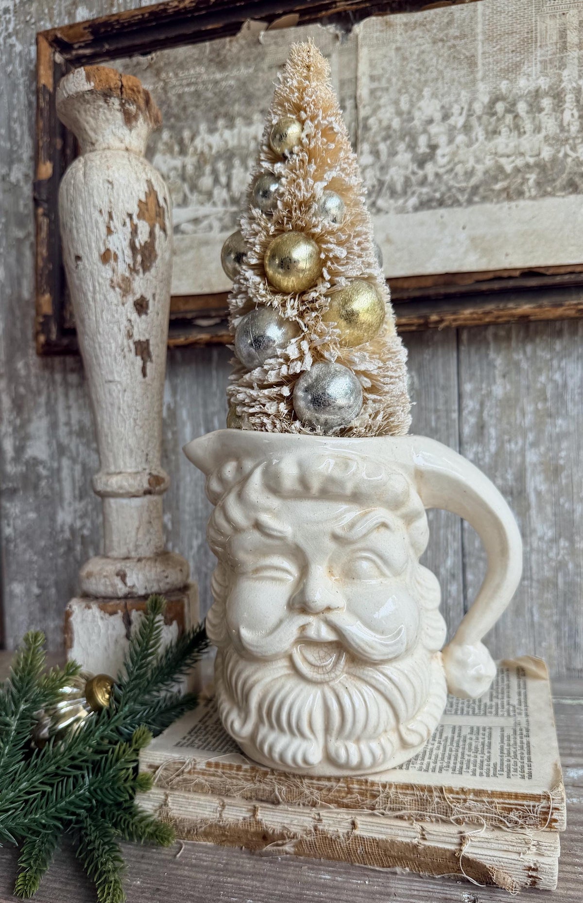 Vintage Ironstone Santa Claus Pitcher LARGE Creamy White Farmhouse Christmas Decor Rare Paintless Grungy Stained Crazed INARCO JAPAN 1959