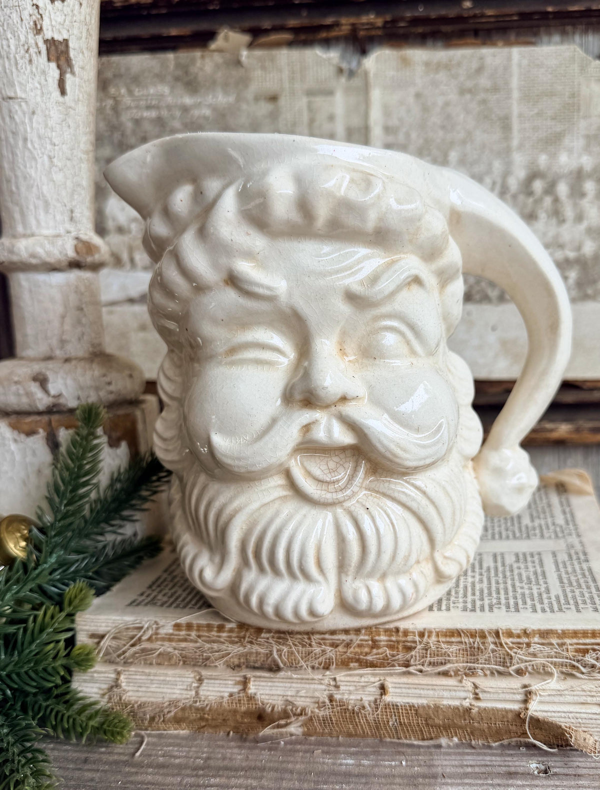 Vintage Ironstone Santa Claus Pitcher LARGE Creamy White Farmhouse Christmas Decor Rare Paintless Grungy Stained Crazed INARCO JAPAN 1959