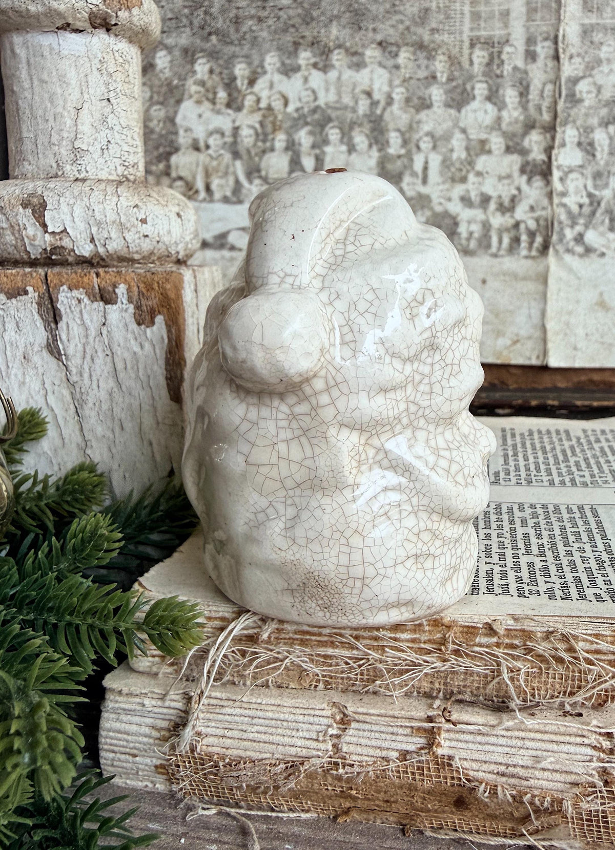 Vintage Ironstone Santa Claus Salt Shaker Creamy WHITE Crazed Stained Farmhouse Christmas Decor