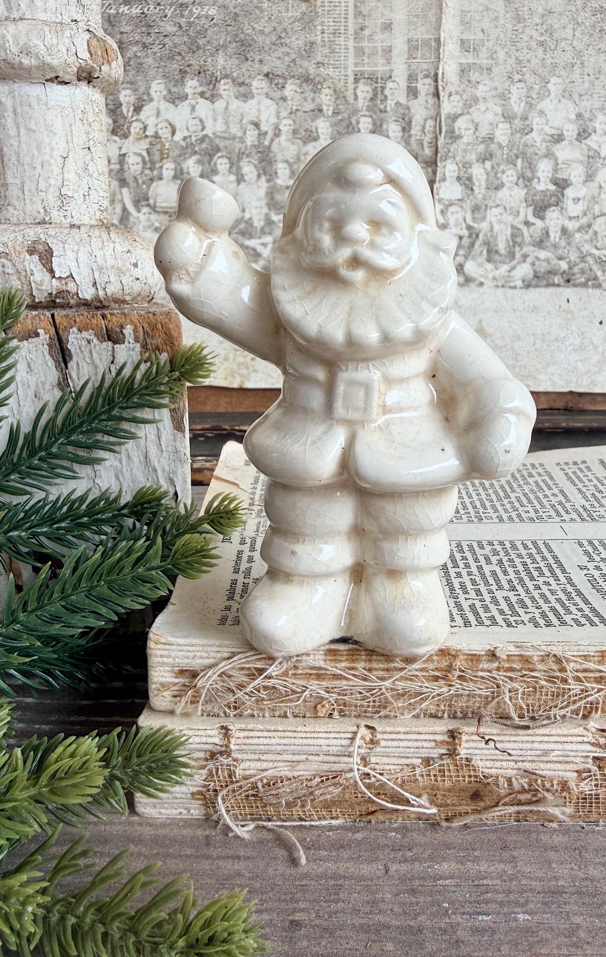 Vintage Ironstone Santa Claus Salt Shaker Creamy WHITE Farmhouse Christmas Decor Bell Stained Crazing