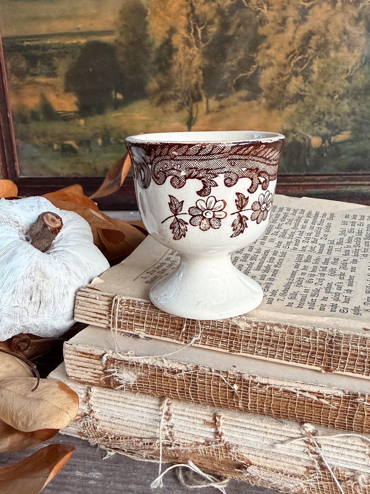 Antique Ironstone Egg Cup Brown Transferware Palissy