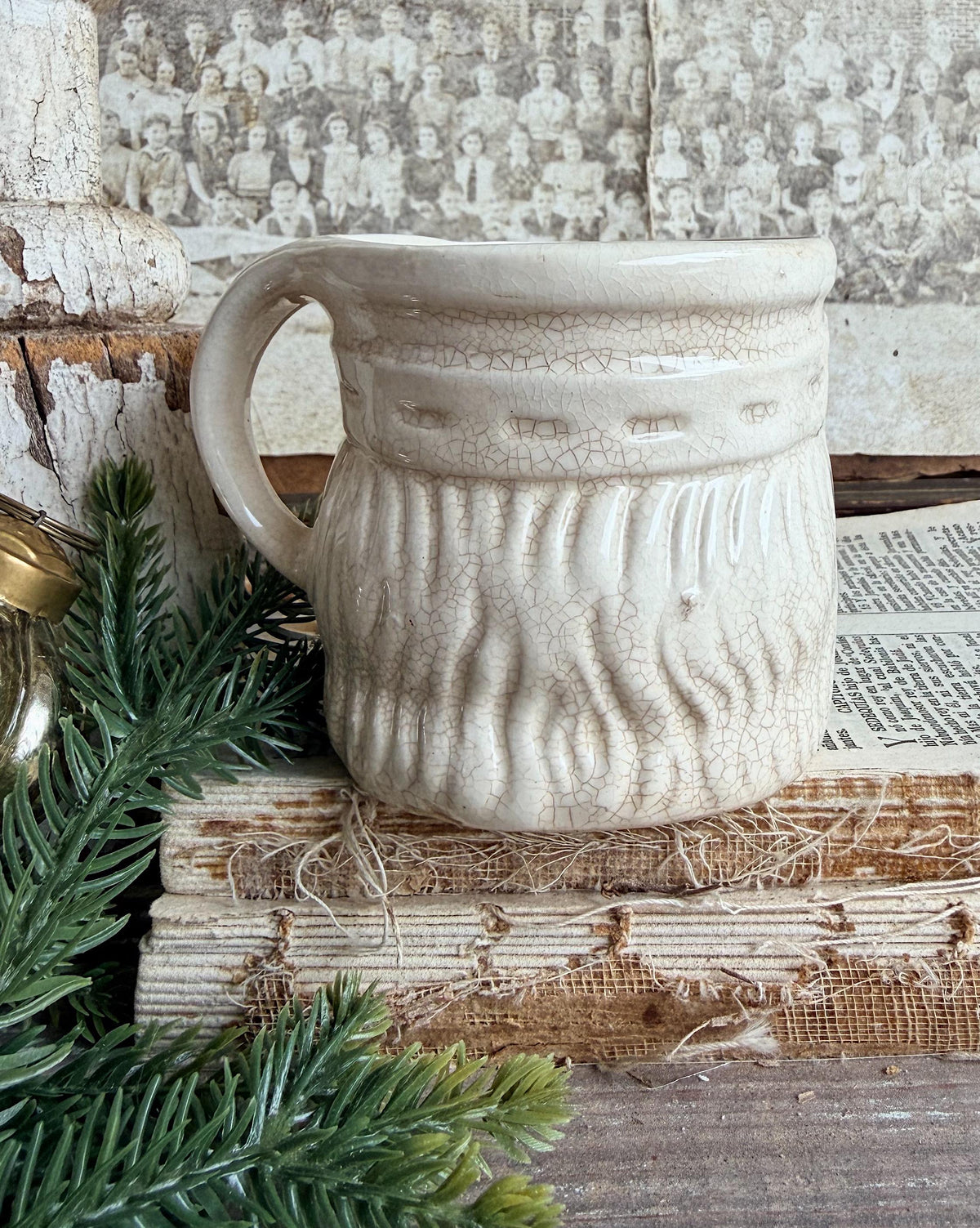Vintage Ironstone Santa Claus Cup Mug FULL SIZE Creamy White Santa Farmhouse Christmas Decor RARE Japan Crazing Grungy Heavily Crazed