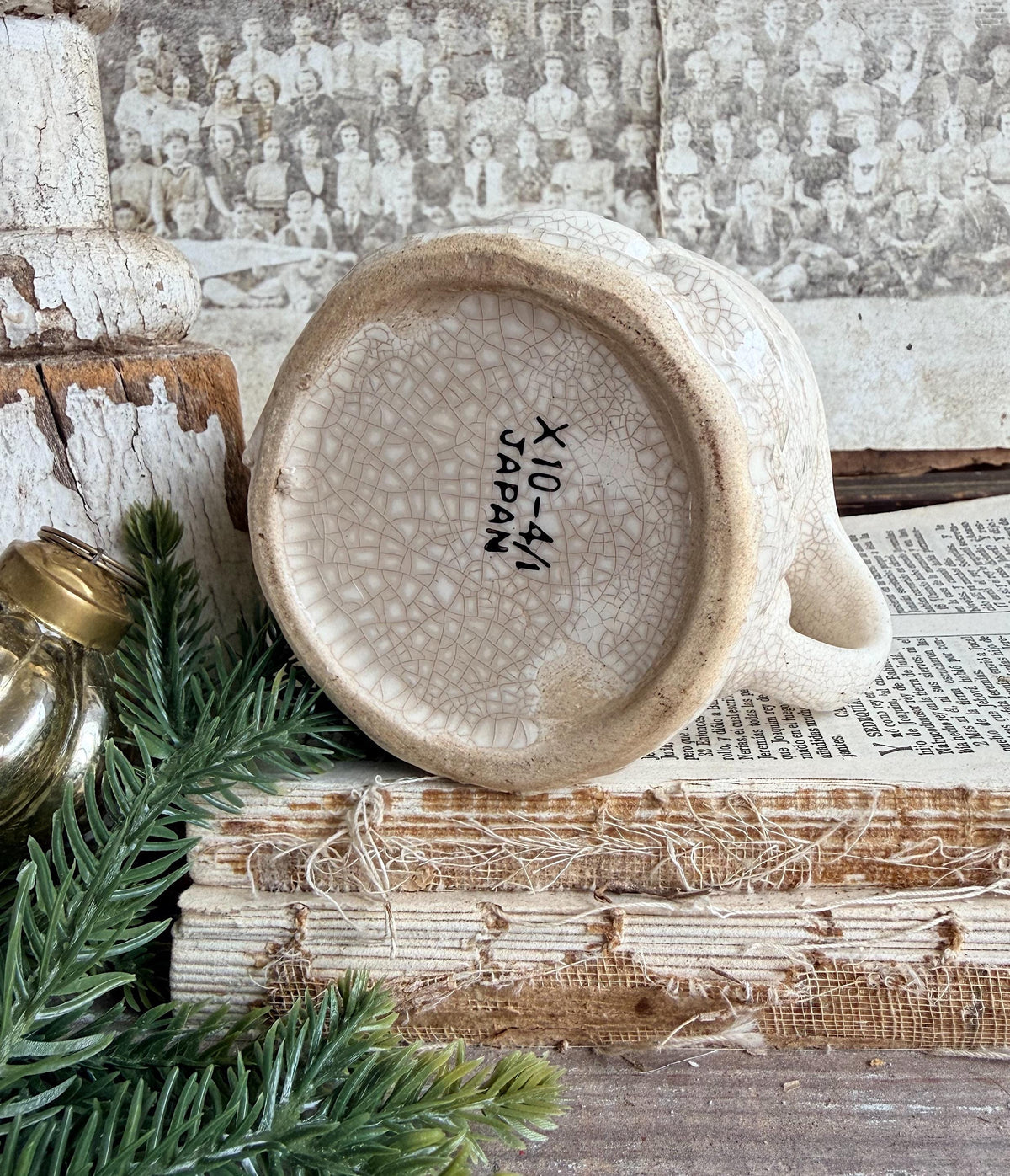 Vintage Ironstone Santa Claus Cup Mug FULL SIZE Creamy White Santa Farmhouse Christmas Decor RARE Japan Crazing Grungy Heavily Crazed