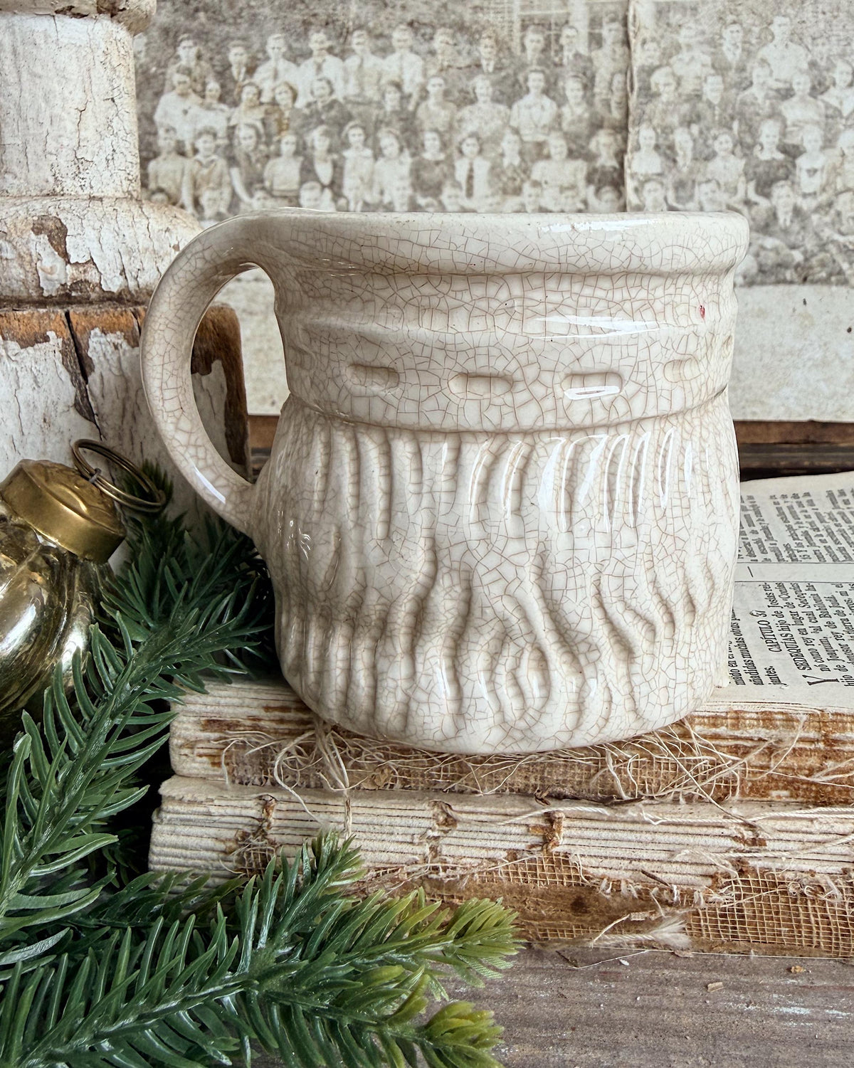 Vintage Ironstone Santa Claus Cup Mug FULL SIZE Creamy White Santa Farmhouse Christmas Decor RARE Japan Crazing Grungy Heavily Crazed