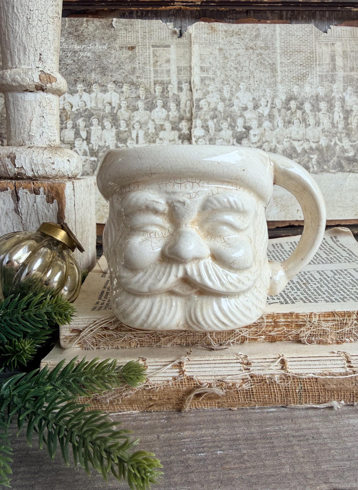 Vintage Ironstone Santa Claus Cup Mug FULL SIZE Creamy White Santa Farmhouse Christmas Decor RARE Japan Crazing Grungy Crazed