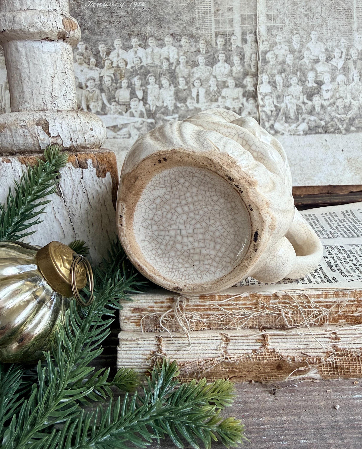 Vintage Ironstone Santa Claus Cup Mug FULL SIZE Creamy White Santa Farmhouse Christmas Decor RARE Japan Crazing Grungy Crazed