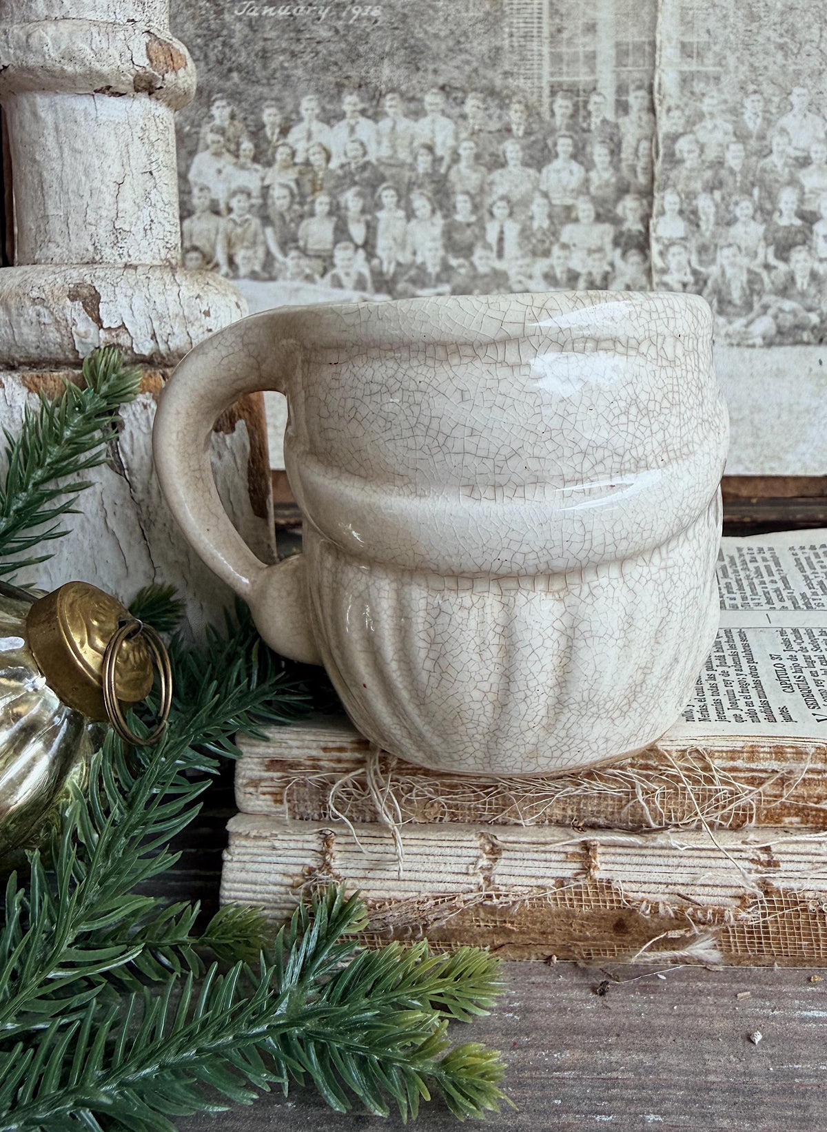 Vintage Ironstone Santa Claus Cup Mug FULL SIZE Creamy White Santa Farmhouse Christmas Decor RARE Japan Crazing Grungy Crazed