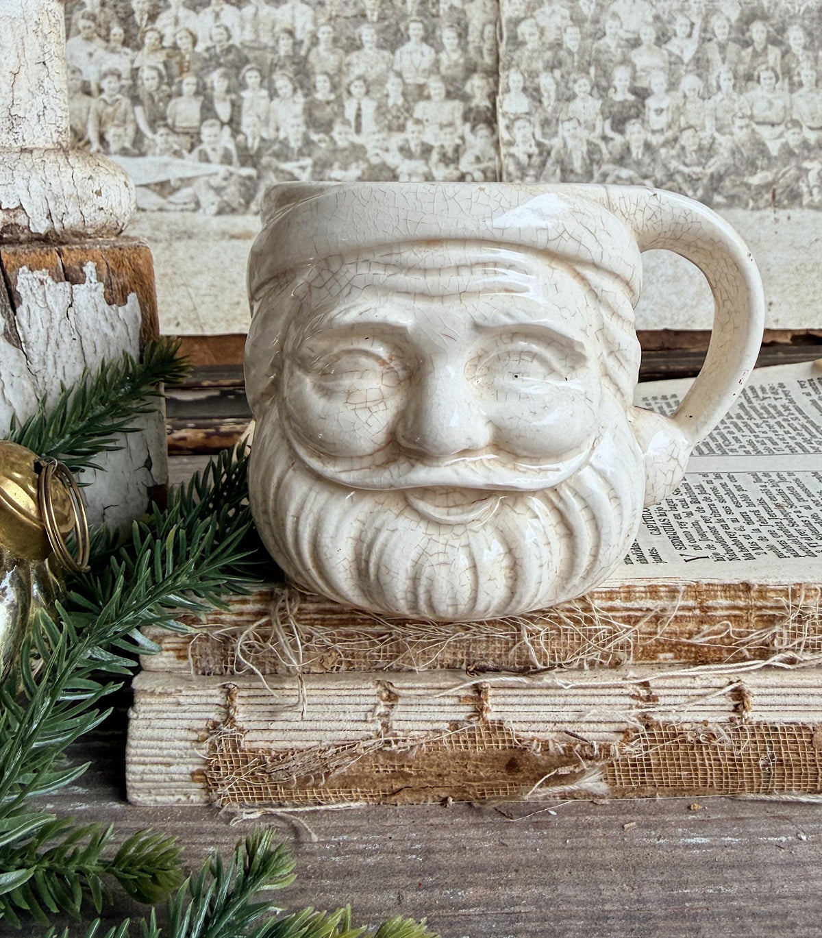 Vintage Ironstone Santa Claus Cup Mug FULL SIZE Creamy White Santa Farmhouse Christmas Decor RARE Japan Crazing Grungy Crazed