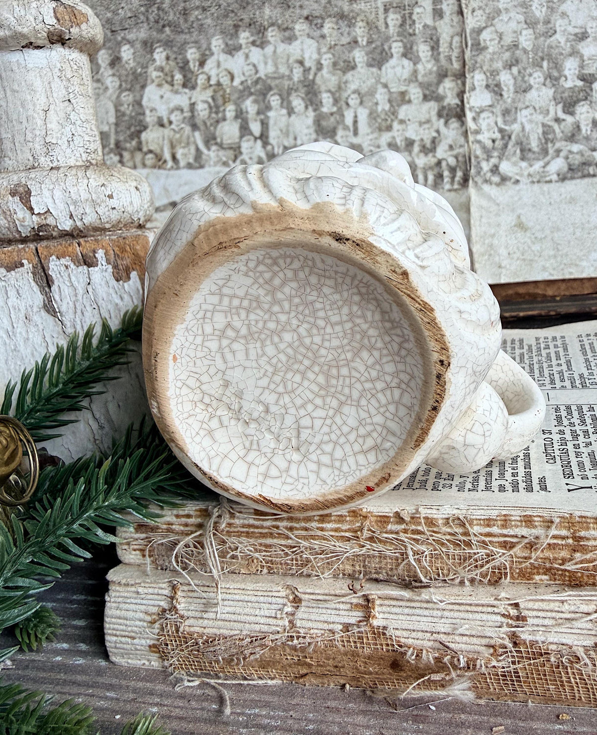 Vintage Ironstone Santa Claus Cup Mug FULL SIZE Creamy White Santa Farmhouse Christmas Decor RARE Japan Crazing Grungy Crazed
