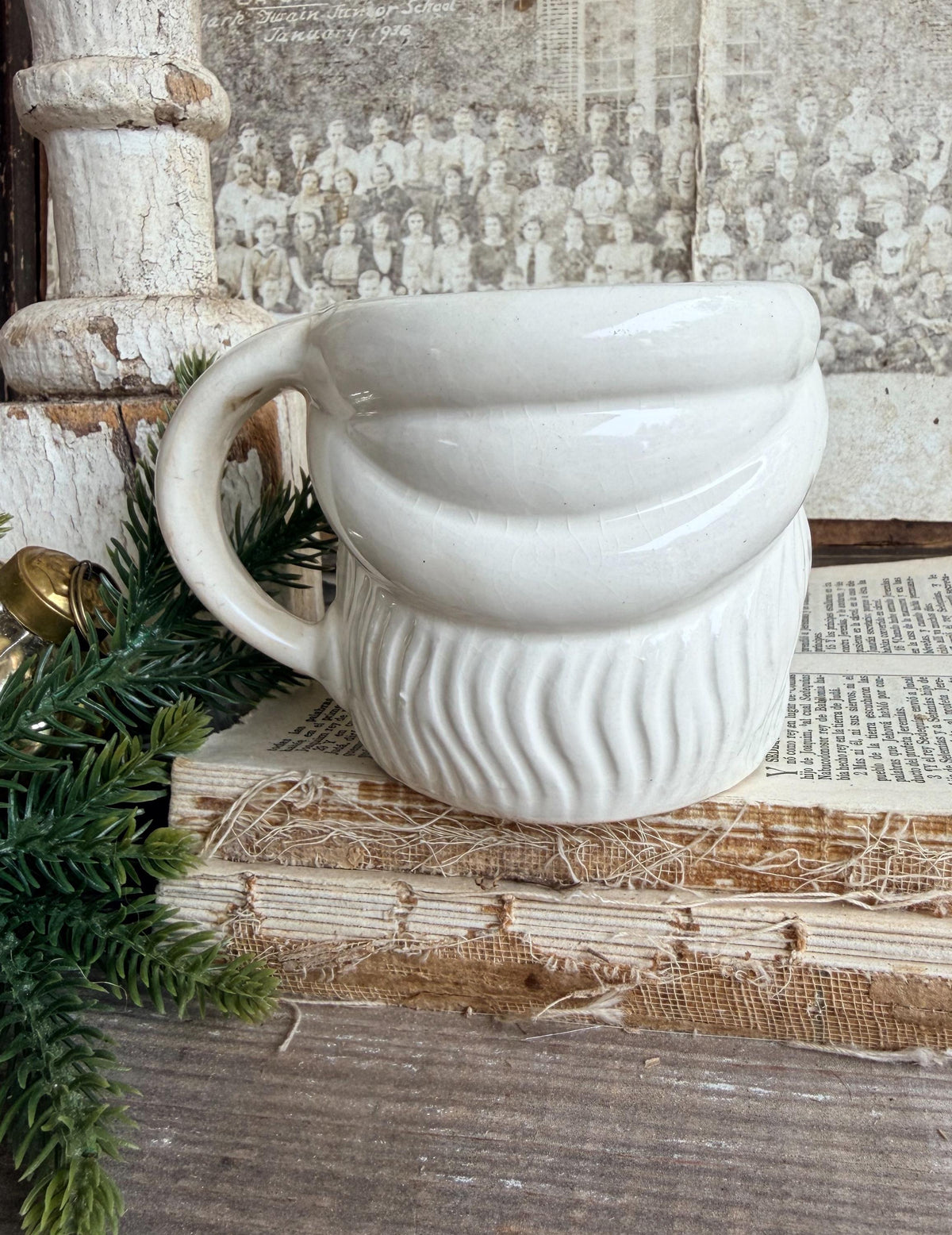 Vintage WHITE Ironstone Santa Mug FULL SIZE Cup Farmhouse Christmas Decor Japan