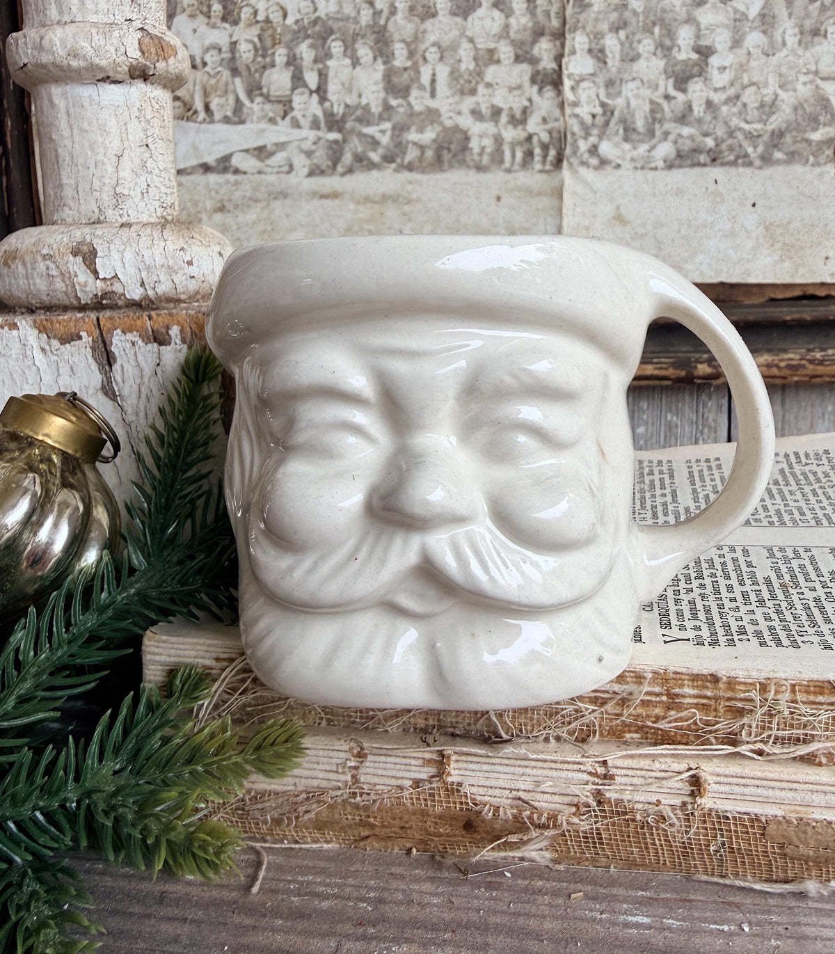 Vintage WHITE Ironstone Santa Mug FULL SIZE Cup Farmhouse Christmas Decor Japan