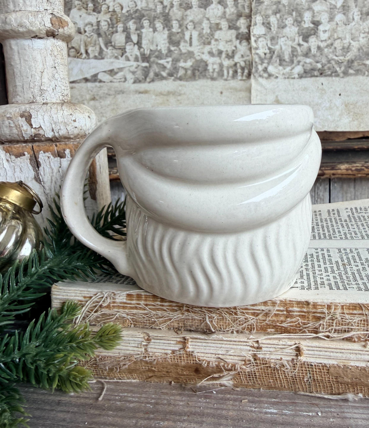 Vintage WHITE Ironstone Santa Mug FULL SIZE Cup Farmhouse Christmas Decor Japan