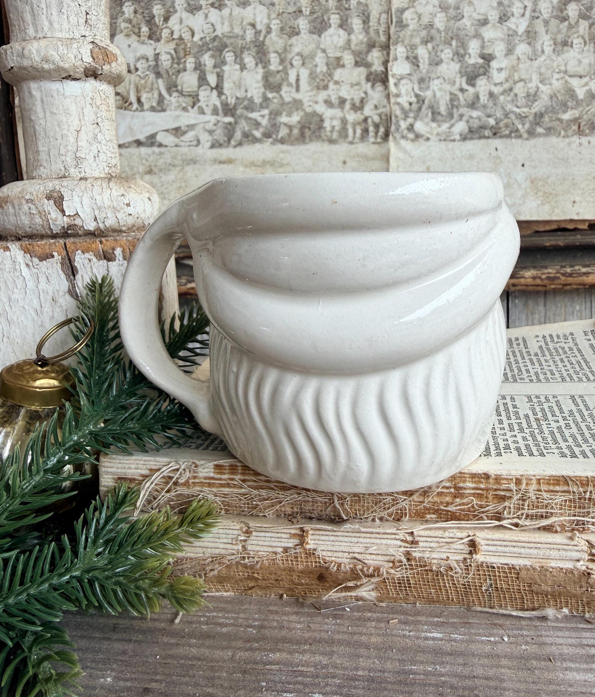Vintage WHITE Ironstone Santa Mug FULL SIZE Cup Farmhouse Christmas Decor Japan