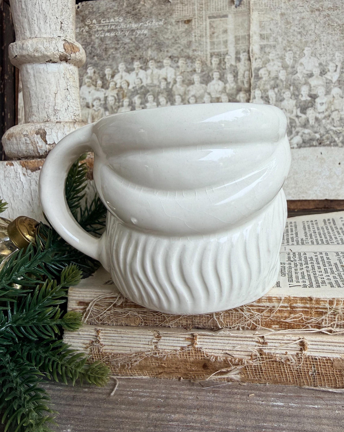 Vintage WHITE Ironstone Santa Mug FULL SIZE Cup Farmhouse Christmas Decor Japan