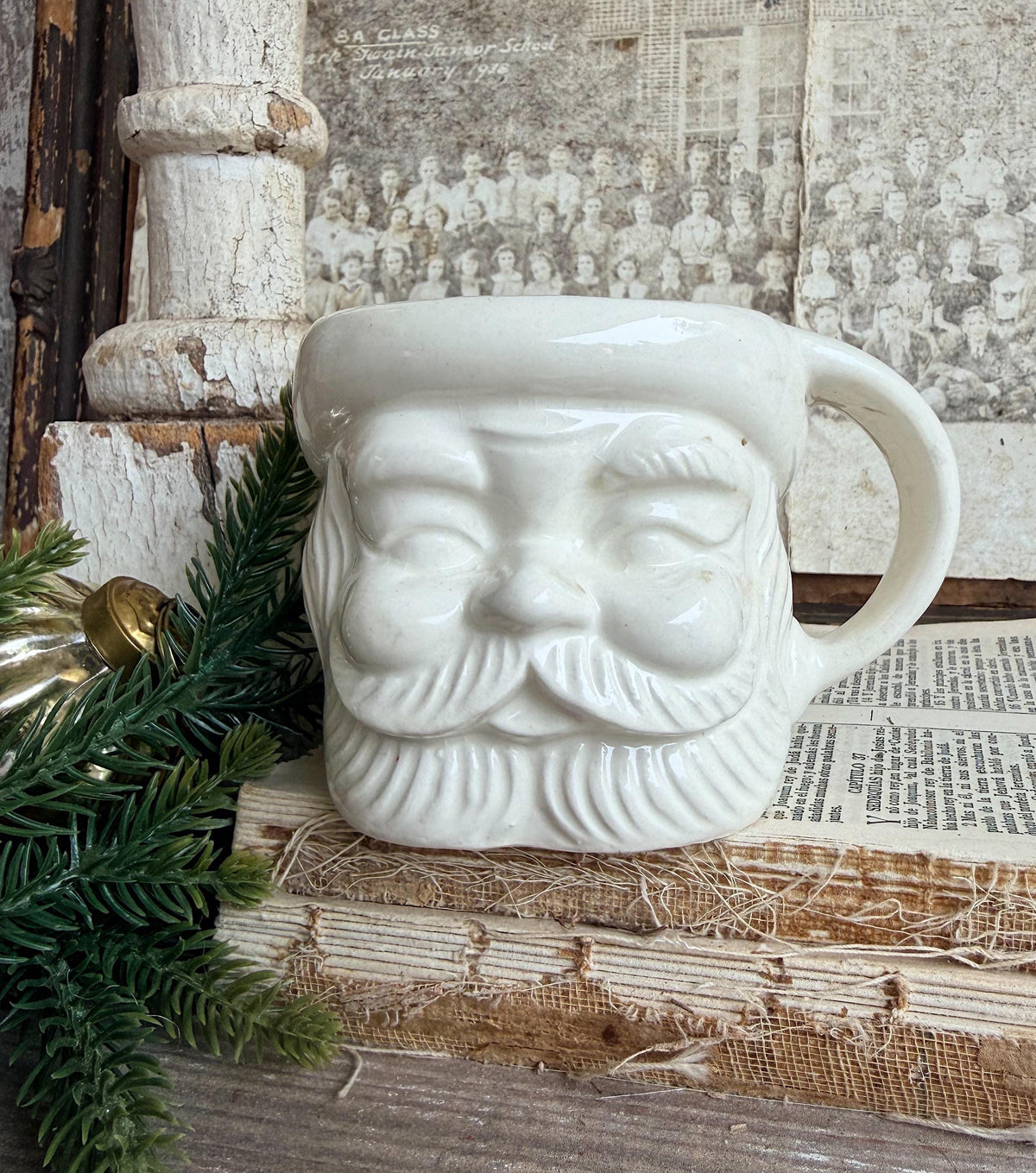 Vintage WHITE Ironstone Santa Mug FULL SIZE Cup Farmhouse Christmas Decor Japan
