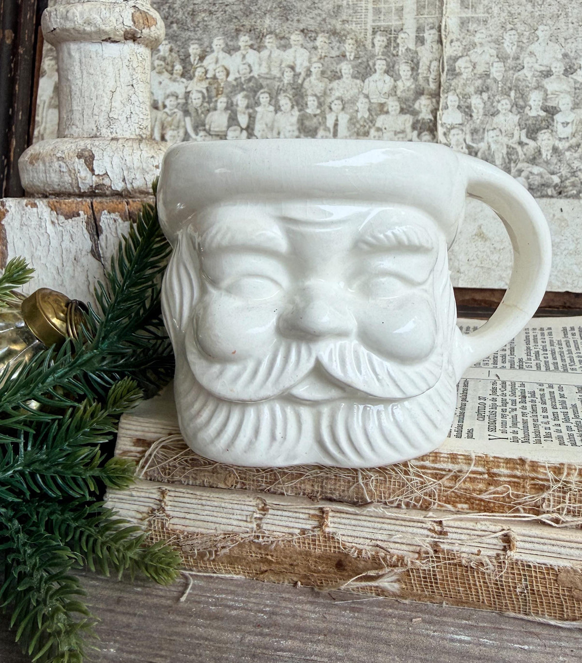 Vintage WHITE Ironstone Santa Mug FULL SIZE Cup Farmhouse Christmas Decor Japan