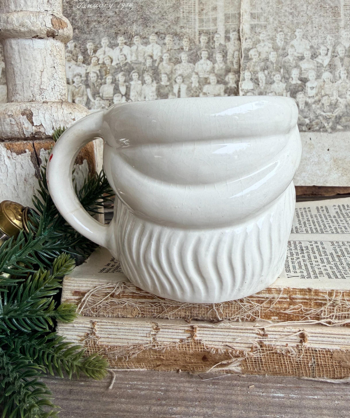Vintage WHITE Ironstone Santa Mug FULL SIZE Cup Farmhouse Christmas Decor Japan