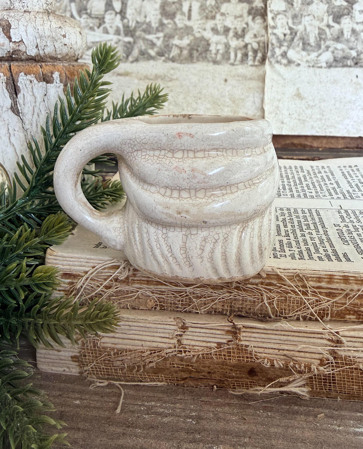 Vintage Ironstone Santa Claus Cup Mini Mug Santa Crazed Stained WHITE Farmhouse Christmas Decor JAPAN