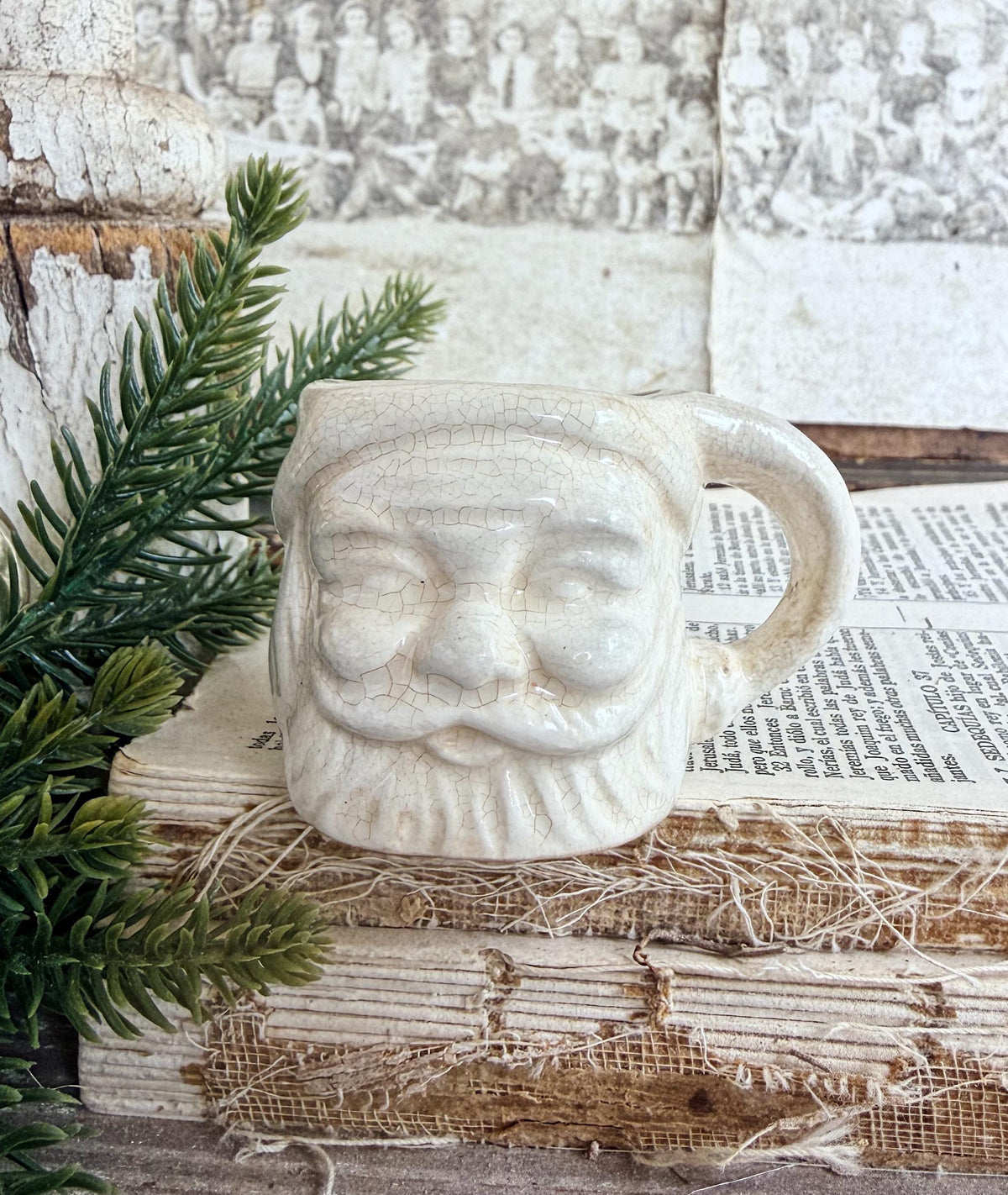 Vintage Ironstone Santa Claus Cup Mini Mug Santa Crazed Stained WHITE Farmhouse Christmas Decor JAPAN
