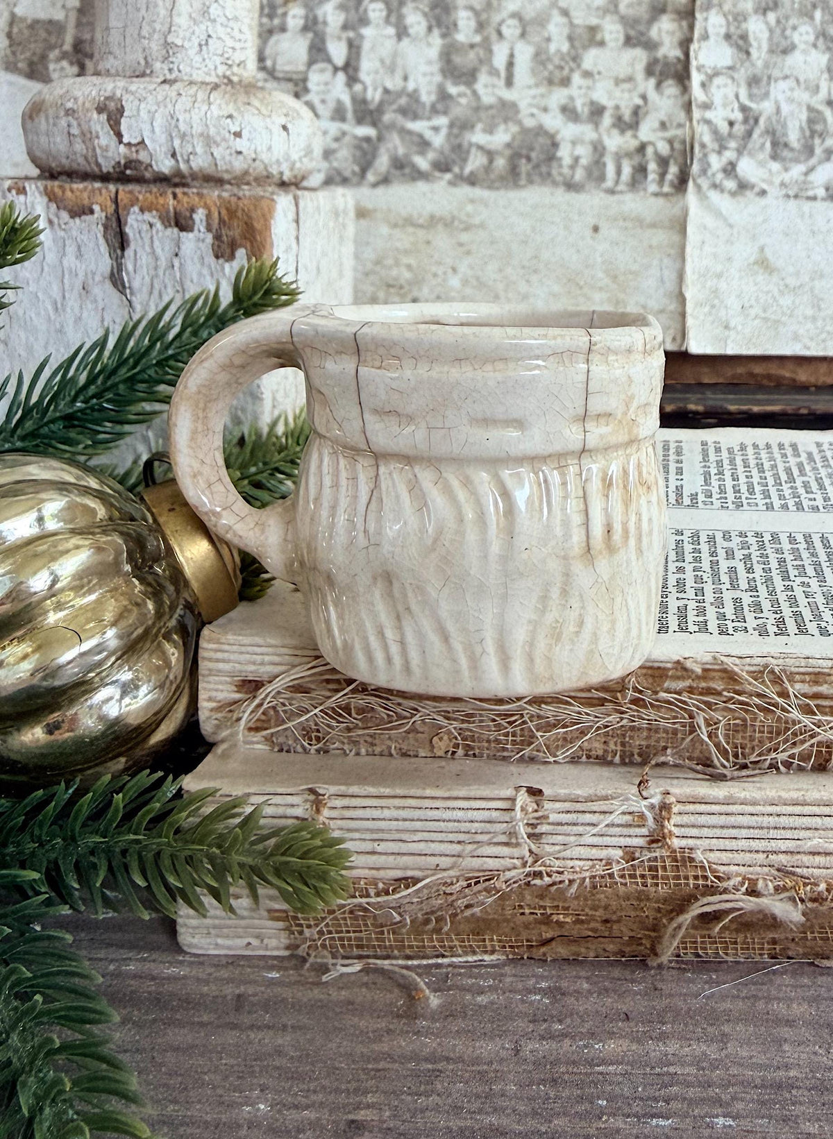 Vintage Ironstone Santa Claus Cup Mini Mug Santa Crazed Stained WHITE Farmhouse Christmas Decor JAPAN