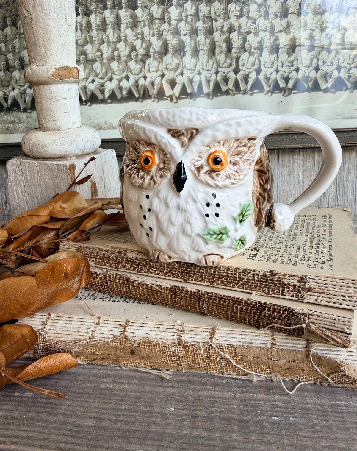 Vintage Ironstone OWL Mug FALL Christmas Winter Decor Enesco Japan