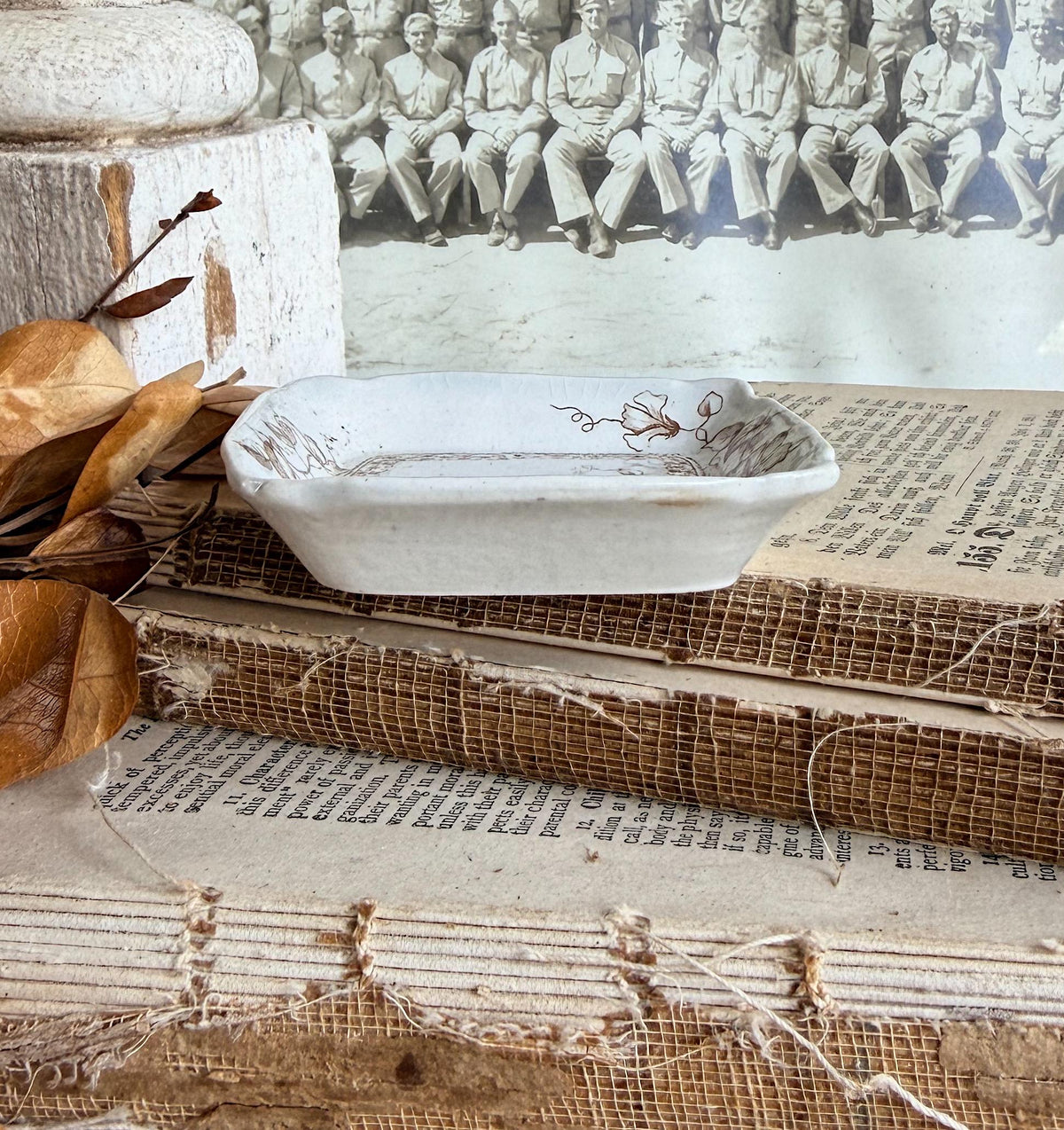Antique SQUARE White Ironstone Butter Pat BROWN Transferware Farmhouse KENT
