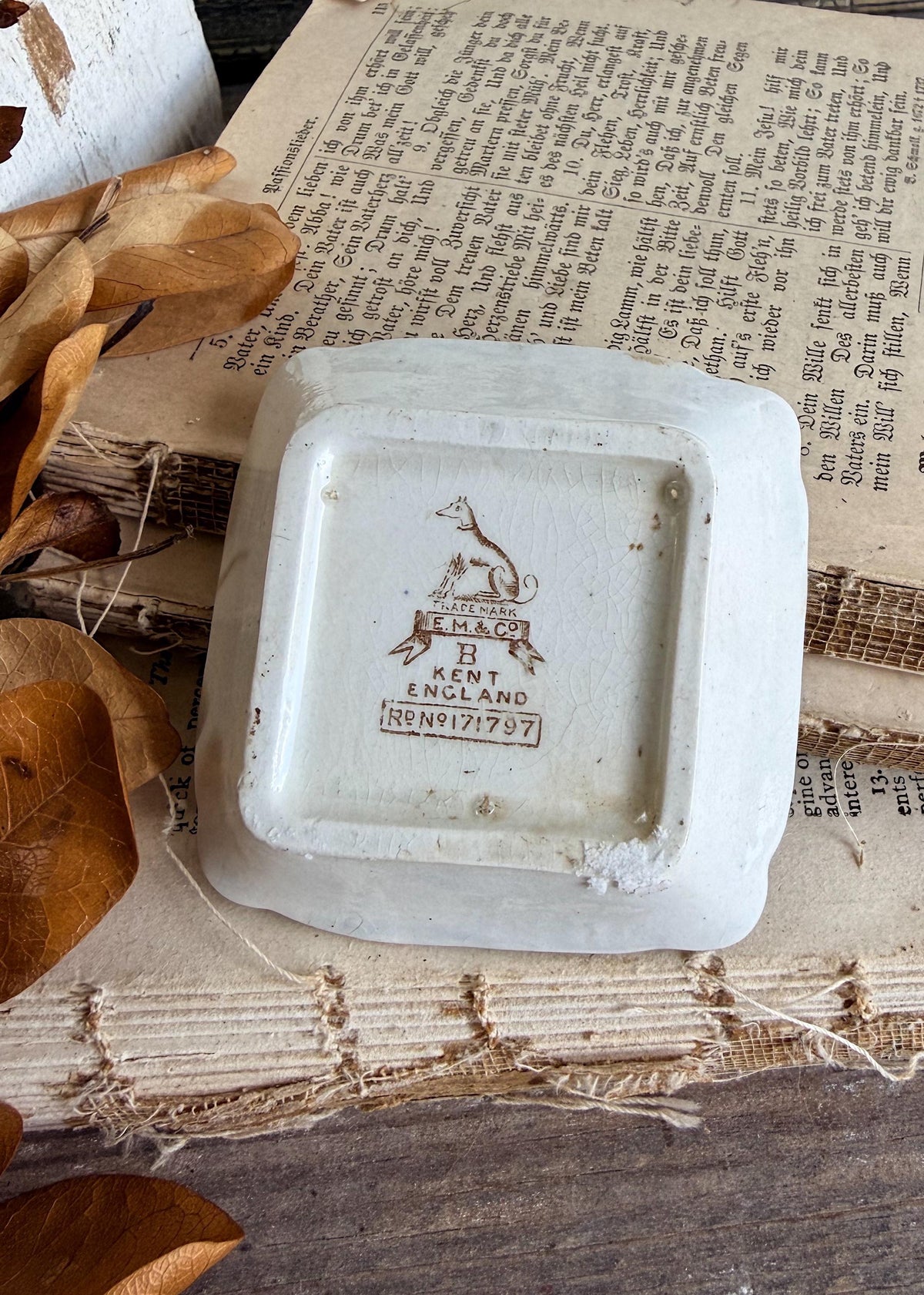 Antique SQUARE White Ironstone Butter Pat BROWN Transferware Farmhouse KENT