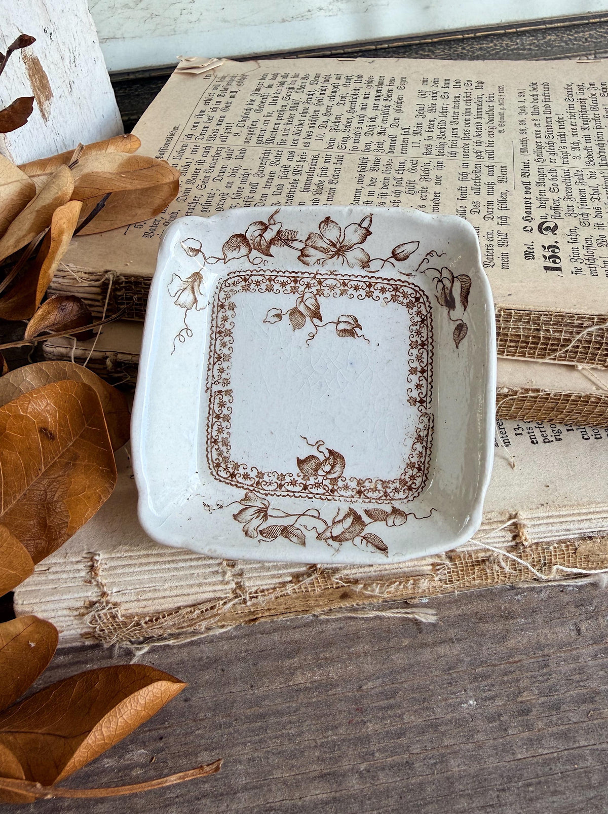 Antique SQUARE White Ironstone Butter Pat BROWN Transferware Farmhouse KENT