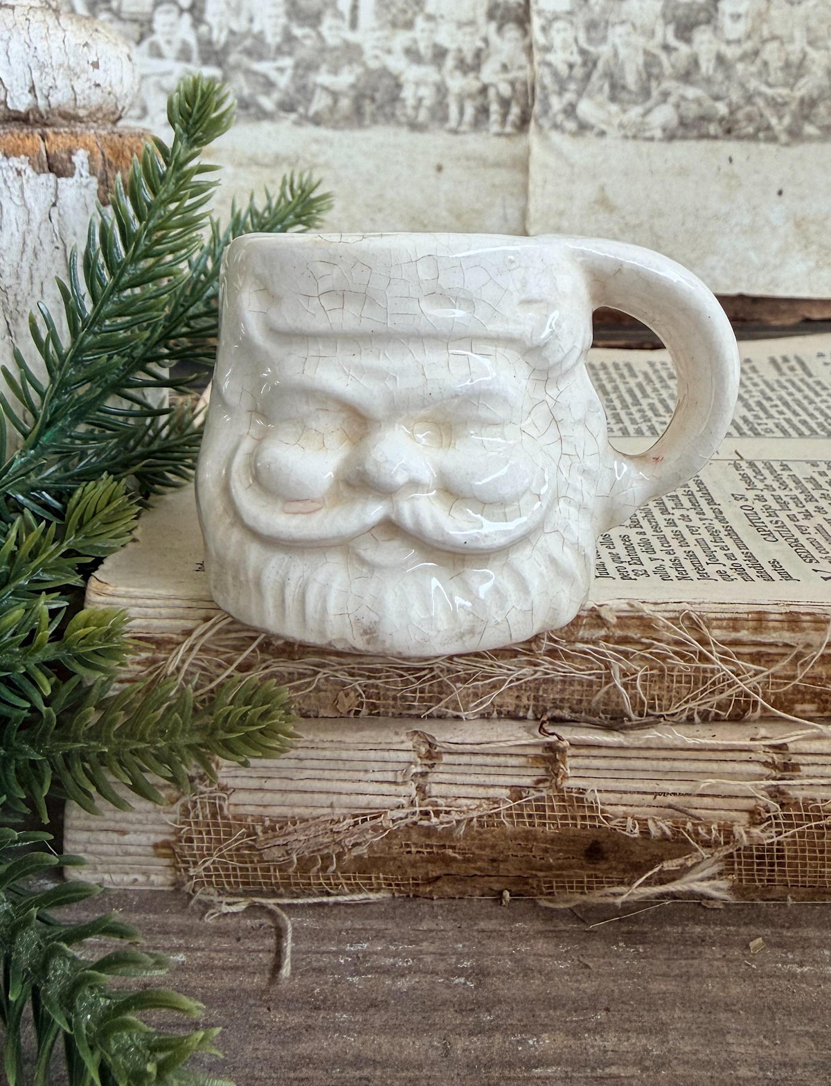 Vintage Ironstone Santa Claus Cup Mini Mug Santa Crazed Stained WHITE Farmhouse Christmas Decor JAPAN
