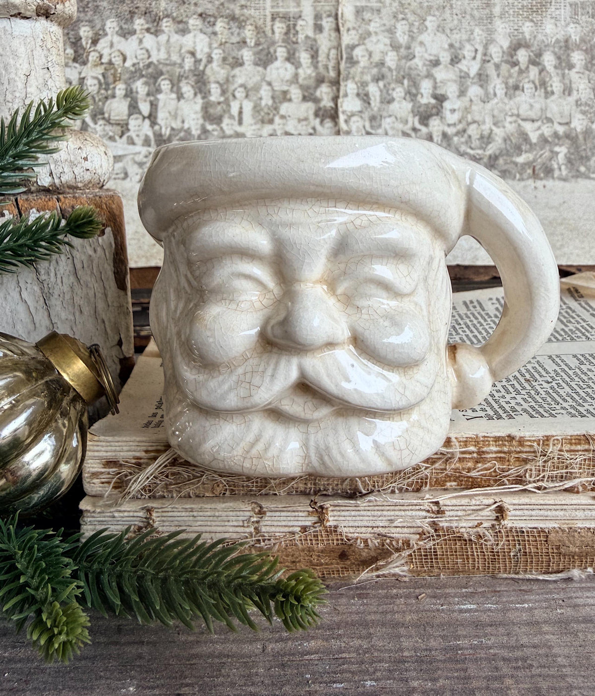 Vintage Ironstone Santa Claus Cup Mug FULL SIZE Creamy White Santa Farmhouse Christmas Decor RARE Japan Crazing Grungy Crazed