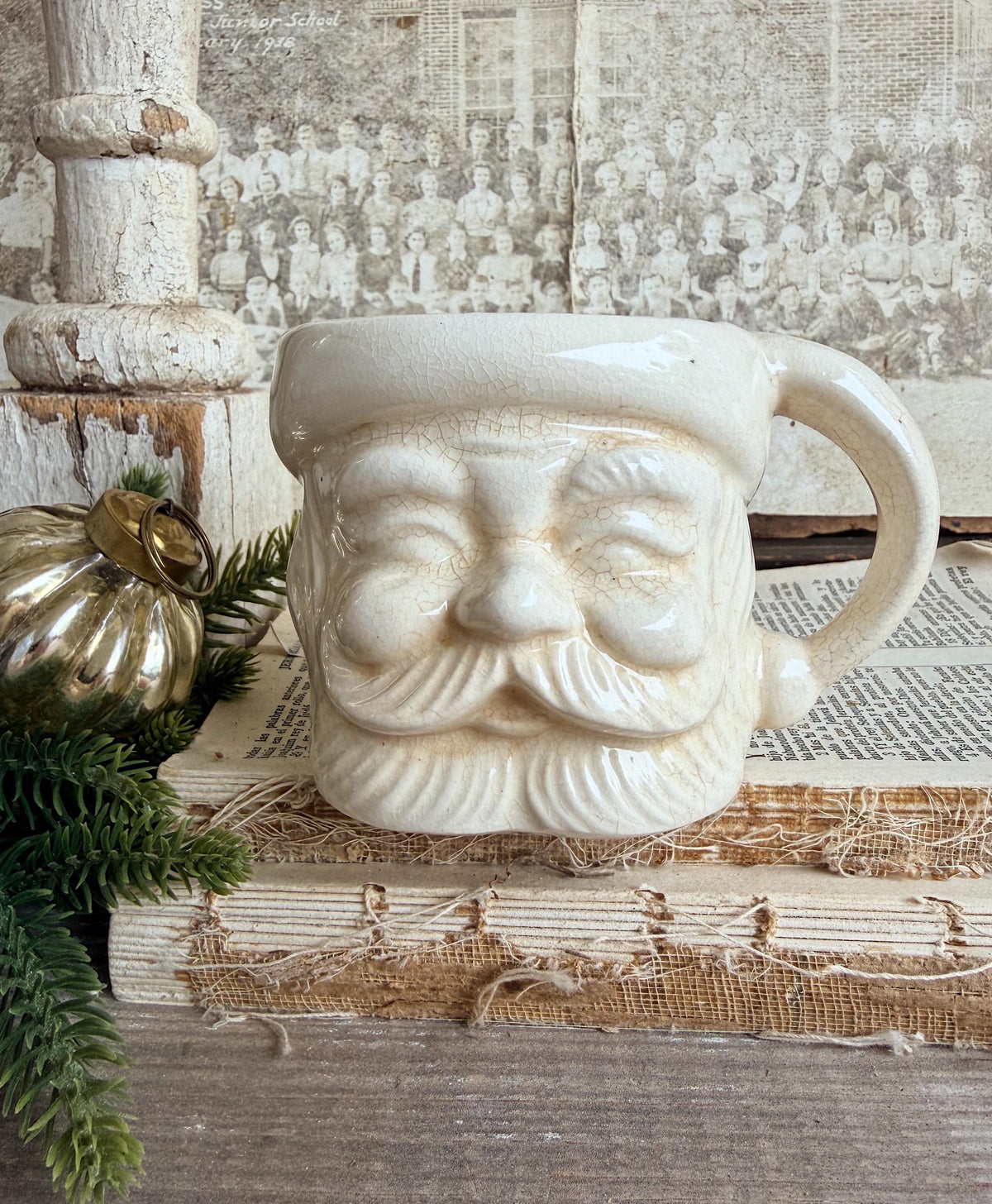Vintage Ironstone Santa Claus Cup Mug FULL SIZE Creamy White Santa Farmhouse Christmas Decor RARE Japan Crazing Grungy Crazed