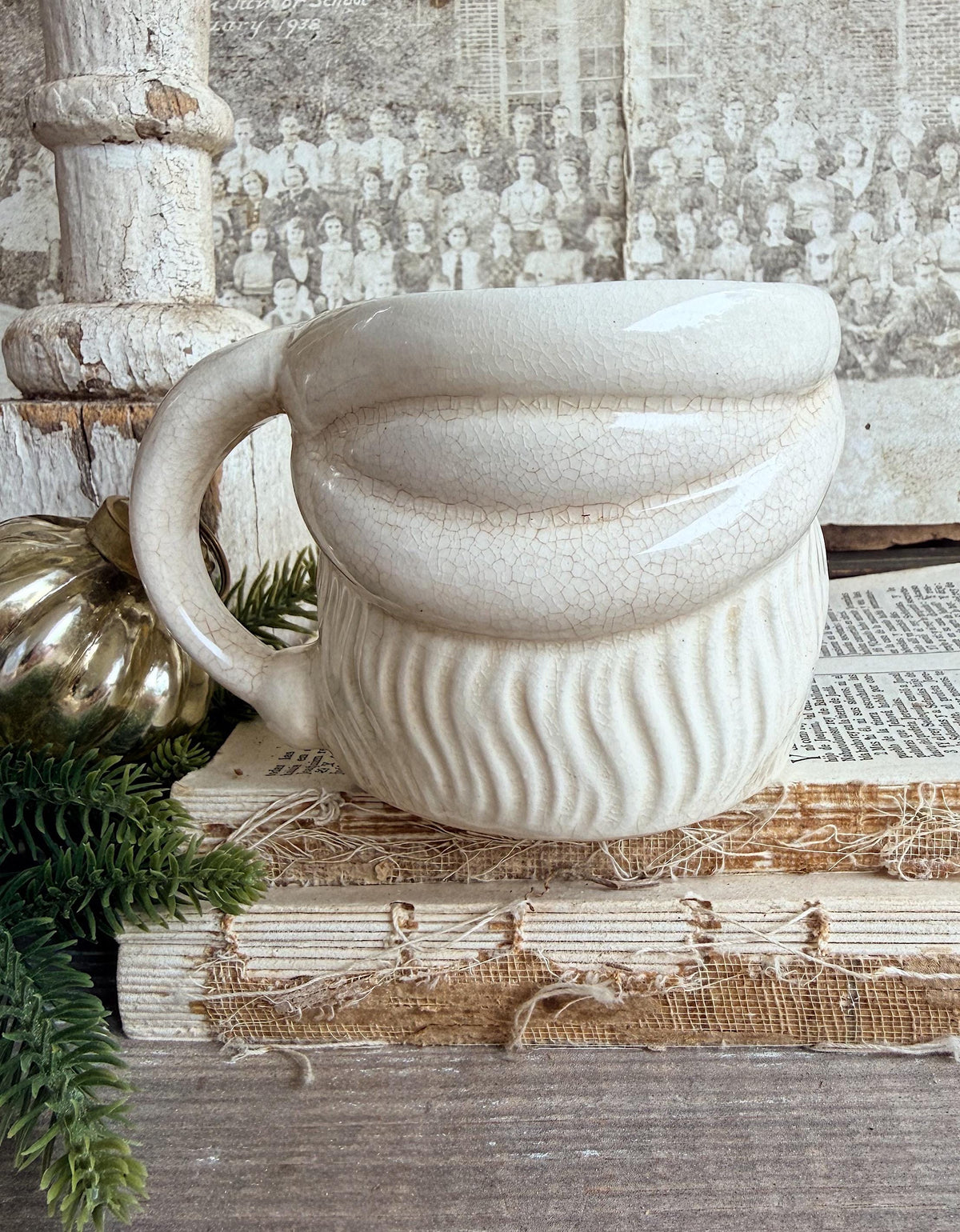 Vintage Ironstone Santa Claus Cup Mug FULL SIZE Creamy White Santa Farmhouse Christmas Decor RARE Japan Crazing Grungy Crazed