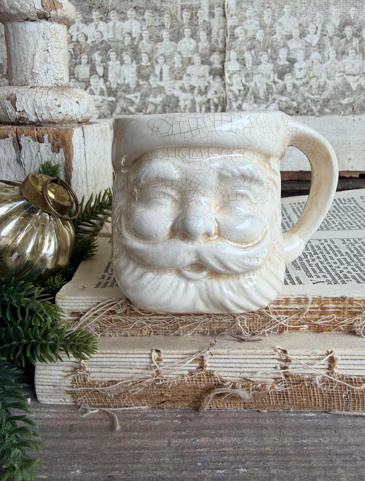 Vintage Ironstone Santa Claus Cup Mug FULL SIZE Creamy White Santa Farmhouse Christmas Decor RARE Japan Crazing Grungy Crazed
