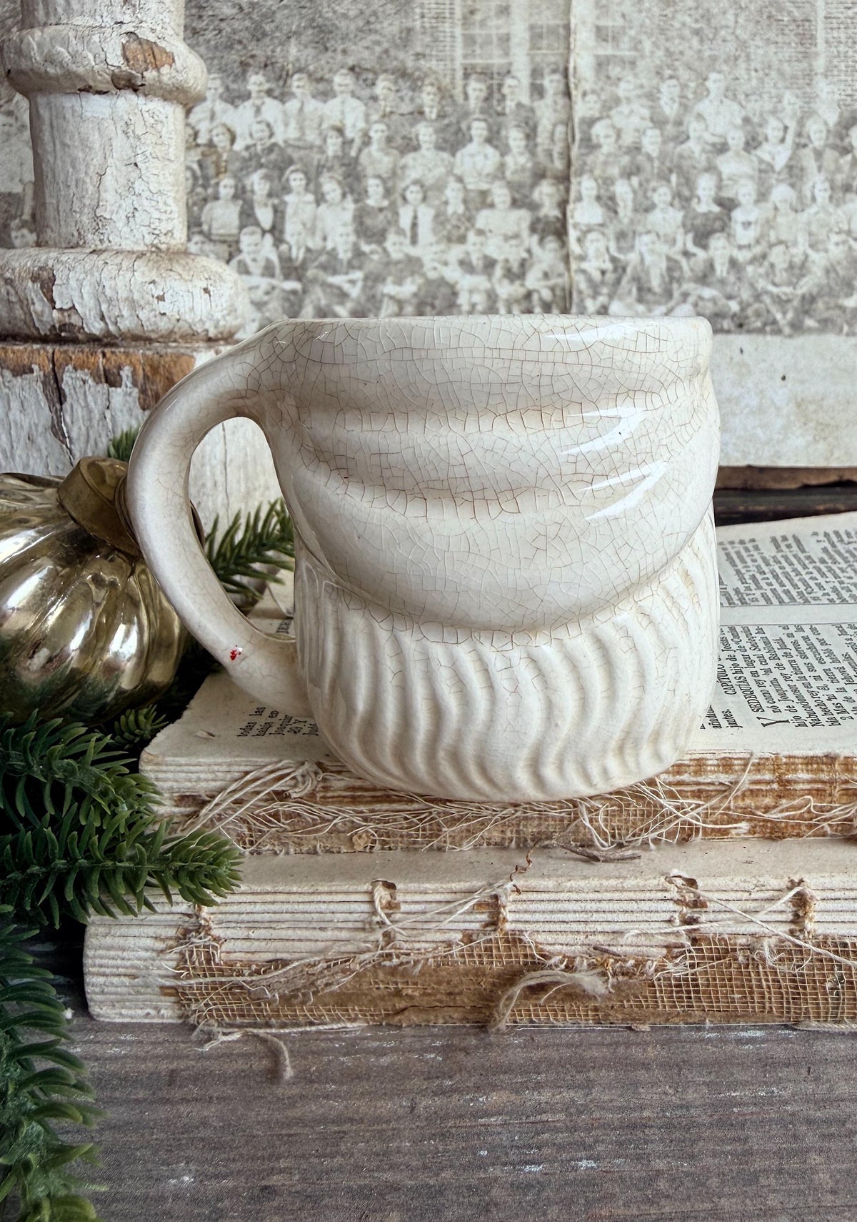 Vintage Ironstone Santa Claus Cup Mug FULL SIZE Creamy White Santa Farmhouse Christmas Decor RARE Japan Crazing Grungy Crazed