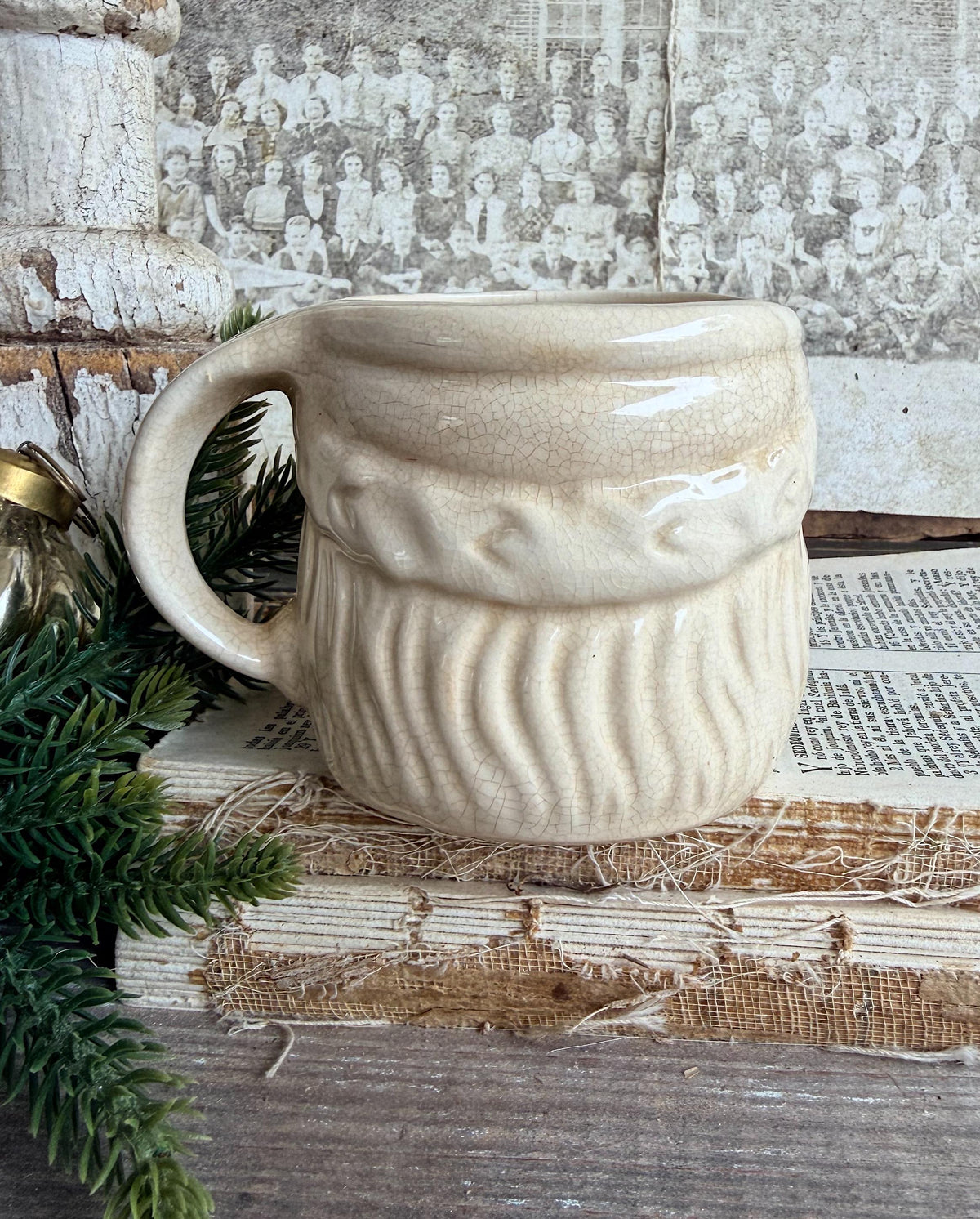 Vintage Ironstone Santa Claus Cup Mug FULL SIZE Creamy White Santa Farmhouse Christmas Decor RARE Japan Crazing Grungy Crazed