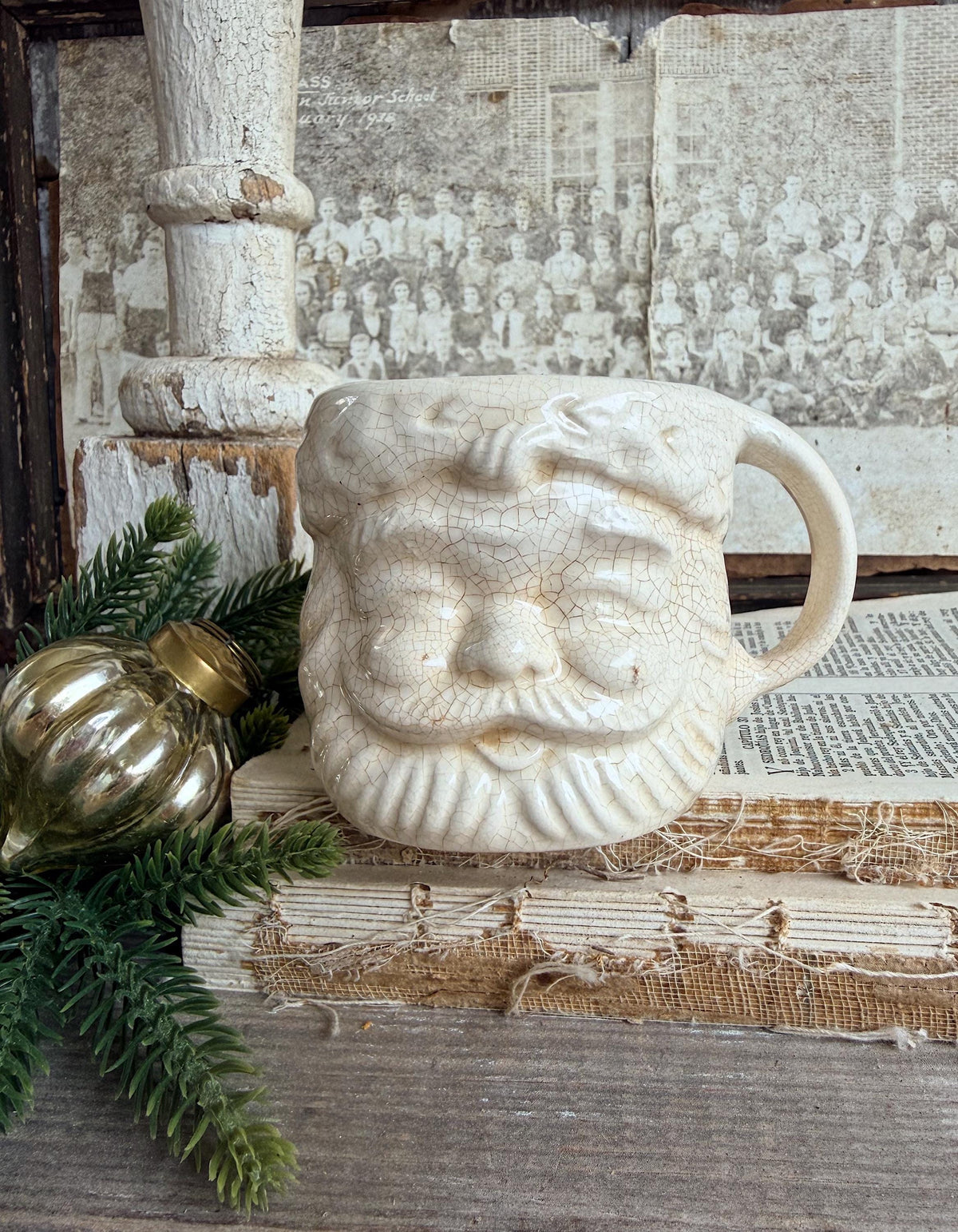 Vintage Ironstone Santa Claus Cup Mug FULL SIZE Creamy White Santa Farmhouse Christmas Decor RARE Japan Crazing Grungy Crazed